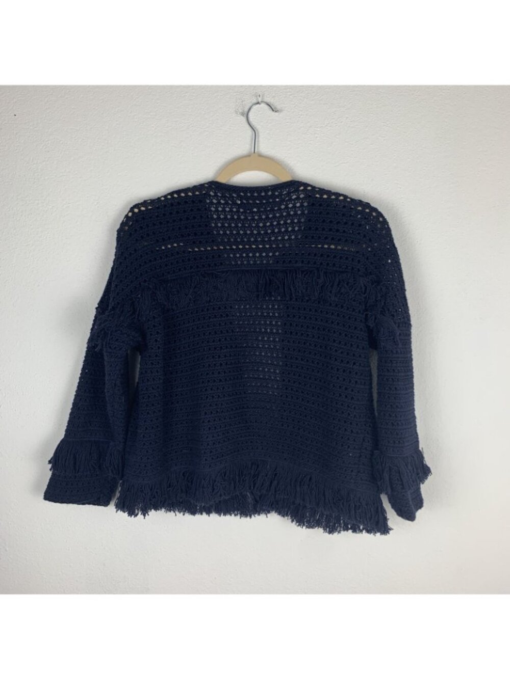 ✨3/$30 Ann Taylor LOFT S Navy Blue Open Front Knit Fringe Cardigan Sweater Top - Picture 4 of 4